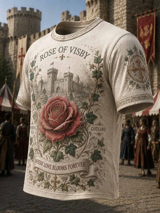 Herrtröja med retroartiklar i medeltida ros- och stadsmotiv