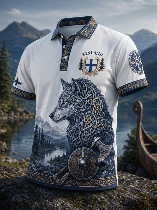 Herrpolskirt med finskt vikingatema och patriotiskt konsttryck