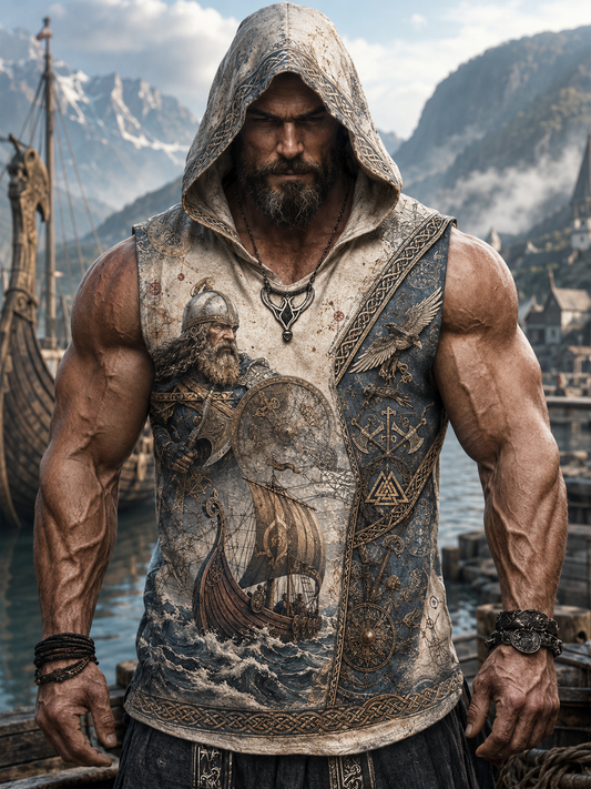 Herrlig vikingtröja med huva och utan ärmarna