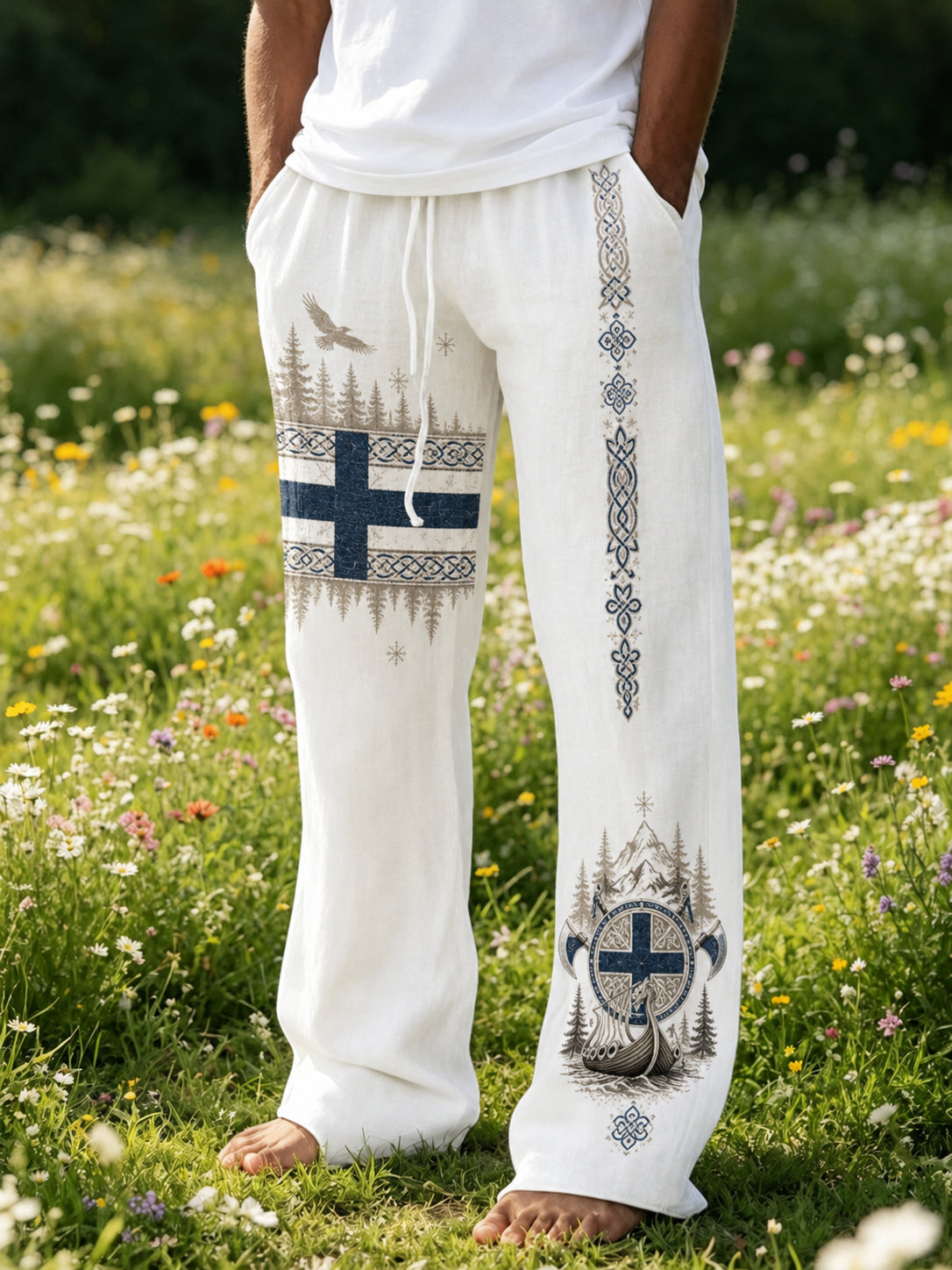 Herrliga finska vikingapatriotiska konsttryck till vardagliga byxor