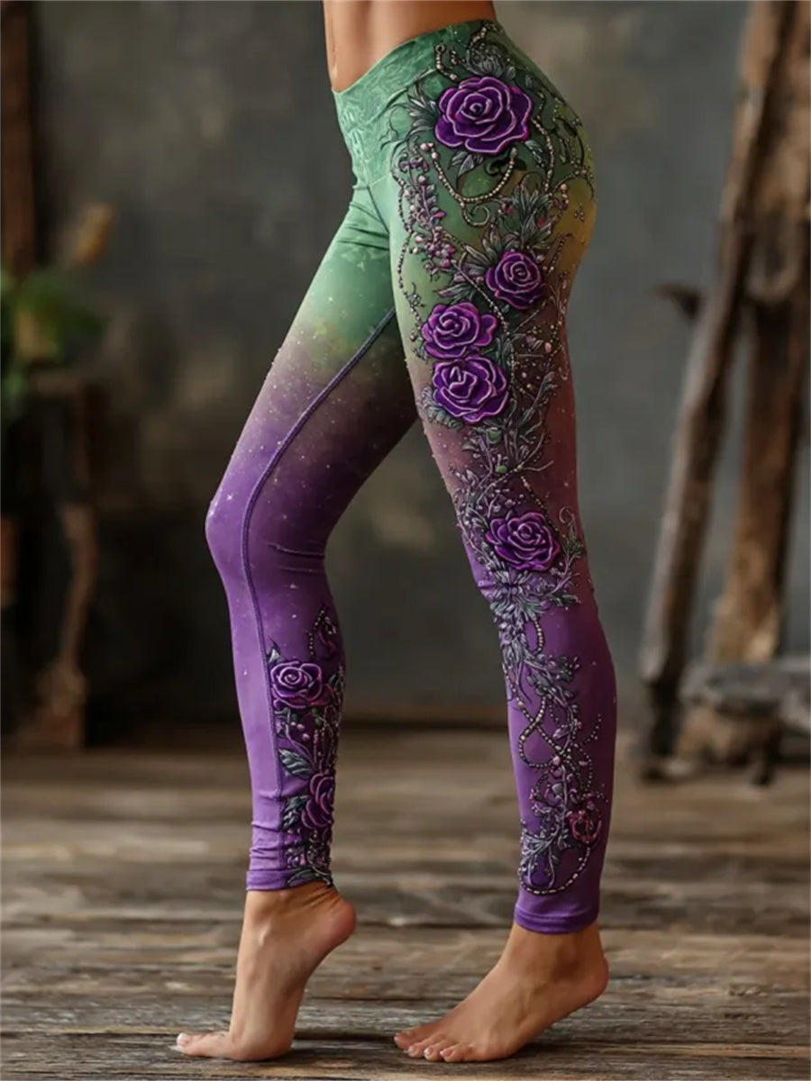 Kvinnors stilliga lila rosor blommor konst Skriv ut gradient Leggings