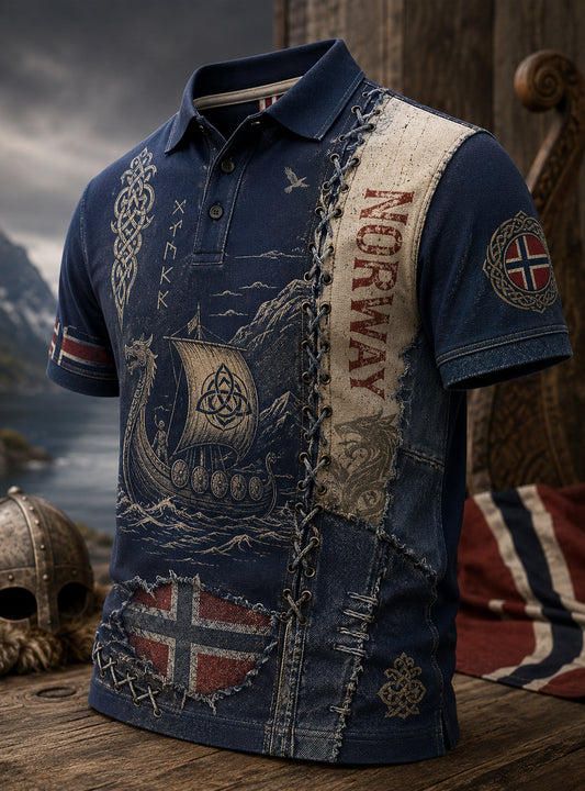 Menns Polo-skjorte med kunsttrykk av norsk vikingkulturelt motiv
