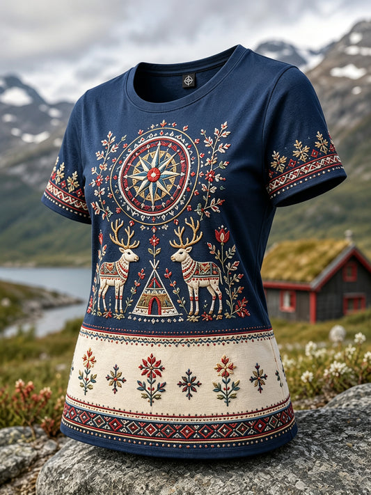 Dame-T-skjorte med kort erme og kunsttrykk av et norsk samisk kulturelt element