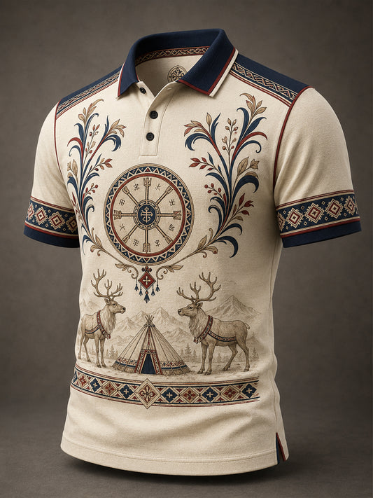 Kulturell kunsttrykk med norske samiske motiver for menn – polo-skjorte med kort erme