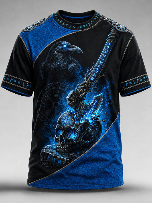 Mansvikingar tryckt vintagemode löst t-shirt med korta ärmarna