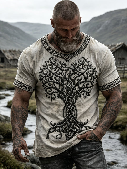 Mansvintage t-shirt med vikingatema, livets träd och keltiskt knutmotiv, korta ärmar