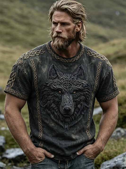 Herrlig vintage-T-shirt med vargmotiv, Fenrir, vikingar och keltiskt knutmönster, korta ärmarna