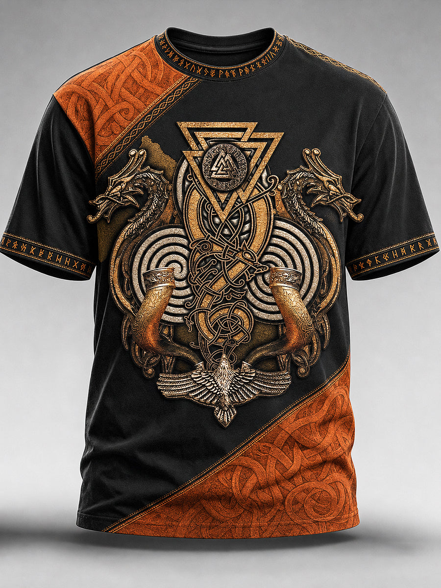 Mäns vikingar tryckt Vintage Fashion Loose kort ärm T-shirt