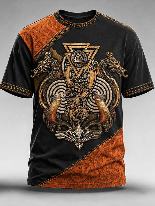 Mäns vikingar tryckt Vintage Fashion Loose kort ärm T-shirt