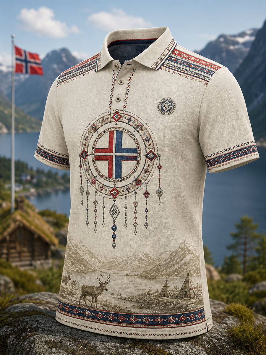 Polo-skjorte med kunsttrykk av mannlige norske samiske kulturelementer