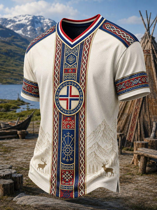 Kulturell kunsttrykk-T-skjorte for menn med norske samiske motiver