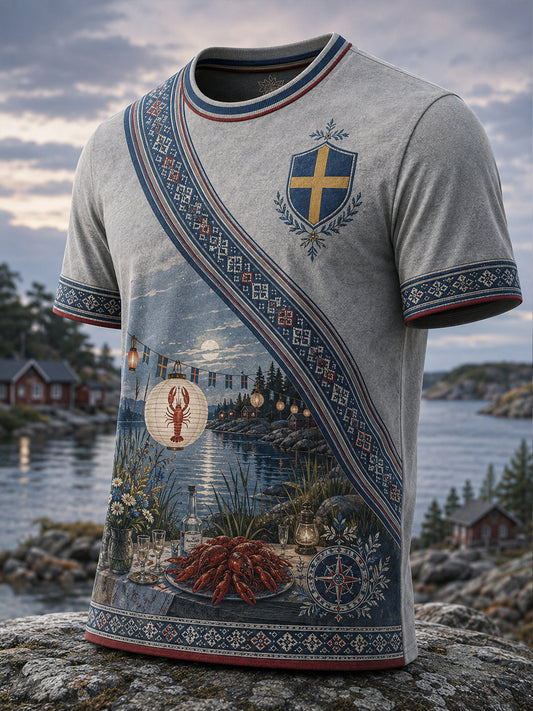 Herrtröja med konsttryck på temat det svenska hummerfestivalen