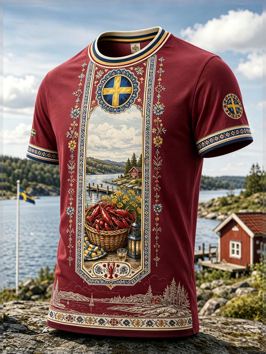 Herrtröja med konsttryck på temat det svenska hummerfestivalen