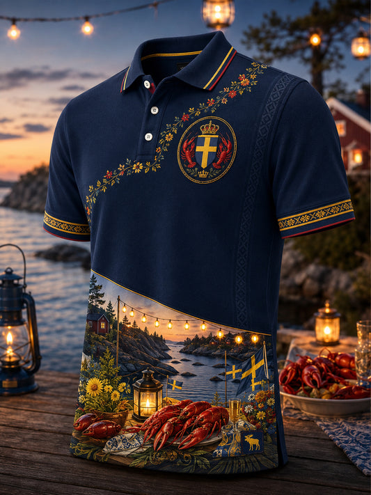 Herrens svenska hummerfestival Temade Polo tröja med konstnärliga tryckelement