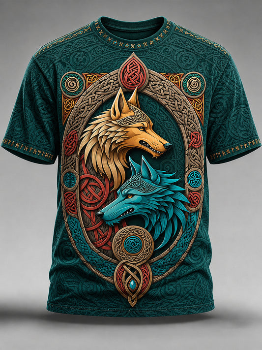 Herrlig vikingatraditionsmönstrad löst sittande mode-T-shirt med kort ärm
