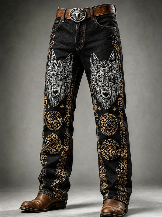 Mäns Retro Viking Wolf Art Print Casual Workwear Byxor