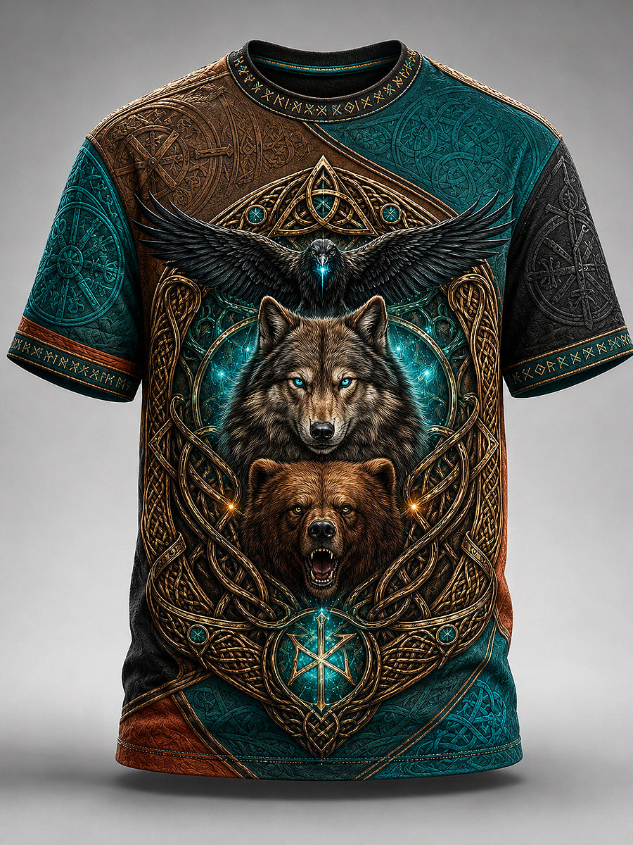 Mäns viking tryckt Vintage Fashion Loose kort ärm T-shirt