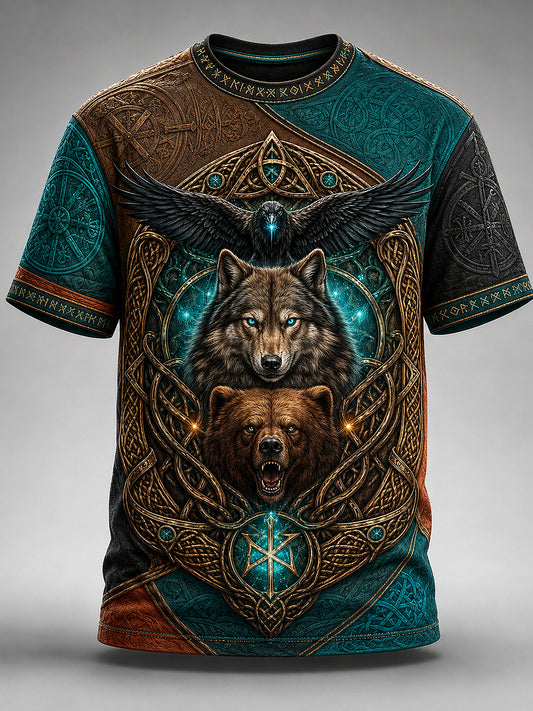 Mäns viking tryckt Vintage Fashion Loose kort ärm T-shirt
