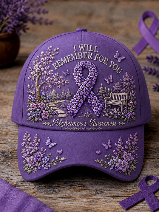 Unisex lila rosett I Will Remember For You-tryck Alzheimersjukdomsmedvetandet stödhatt