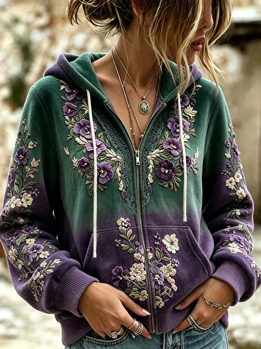 Kvinnors Vintage Boho Pansy Skriv gradient Zip-Up bekväm Hoodie.