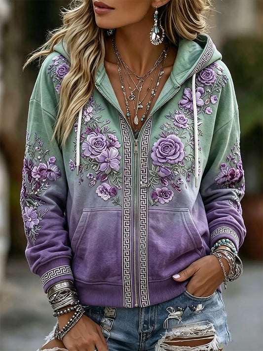 Kvinnors Vintage Boho Floral Print Gradient Zip-Up Mysig huvat