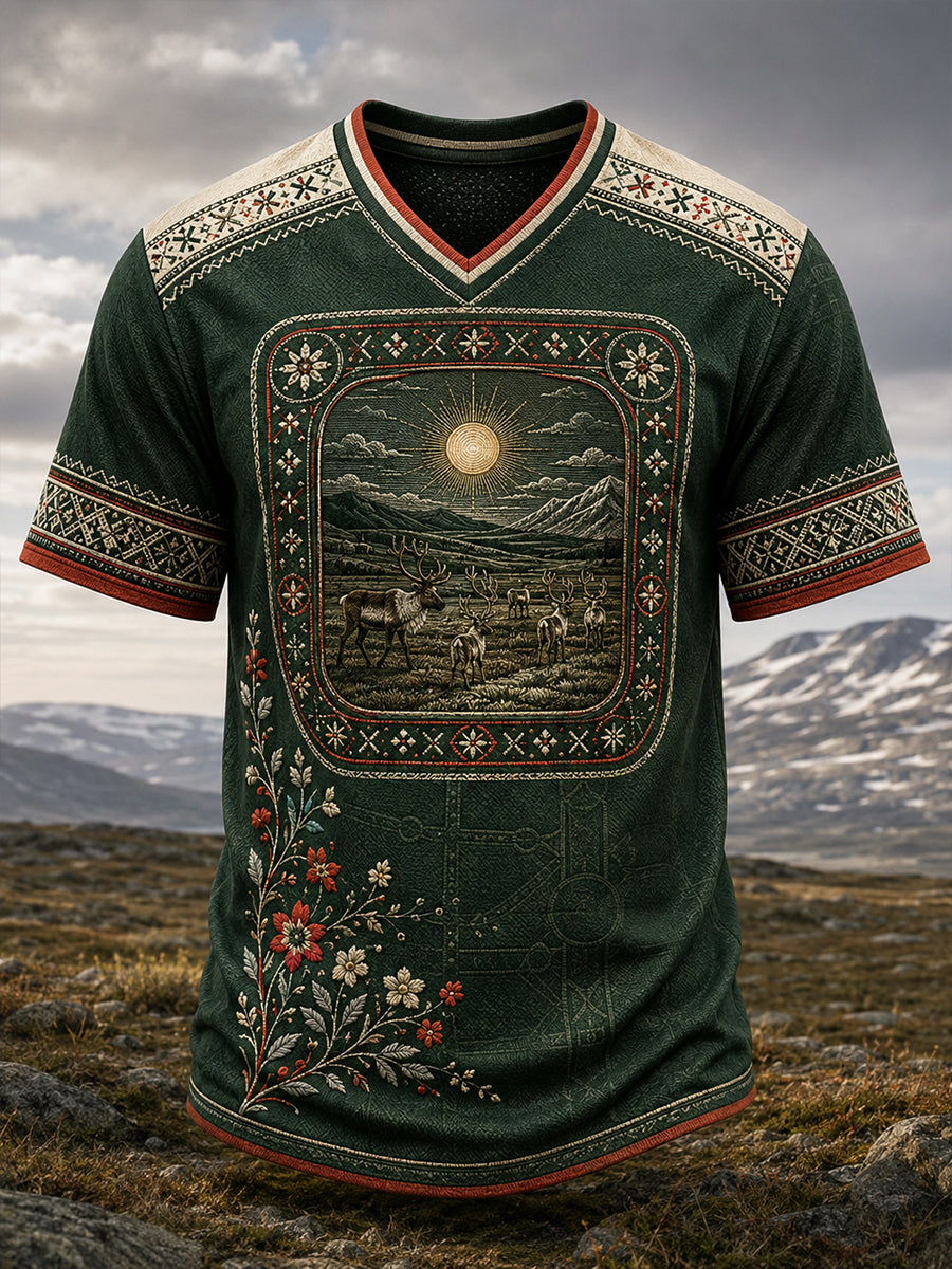 Kulturell kunsttrykk-T-skjorte for menn med norske samiske motiver