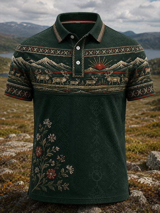 Polo-skjorte med kunsttrykk av mannlige norske samiske kulturelementer