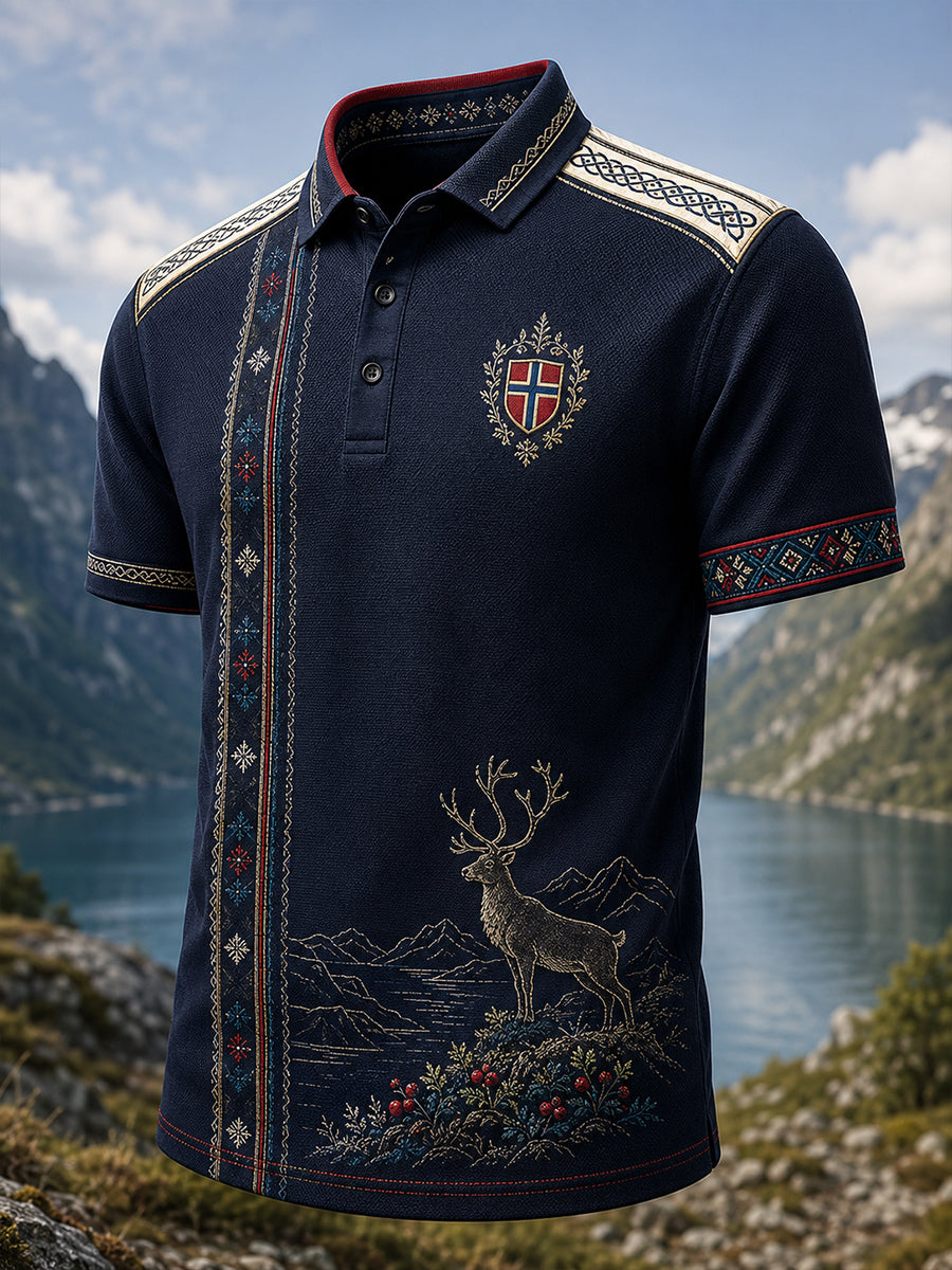 Polo-skjorte med kunsttrykk av mannlige norske samiske kulturelementer