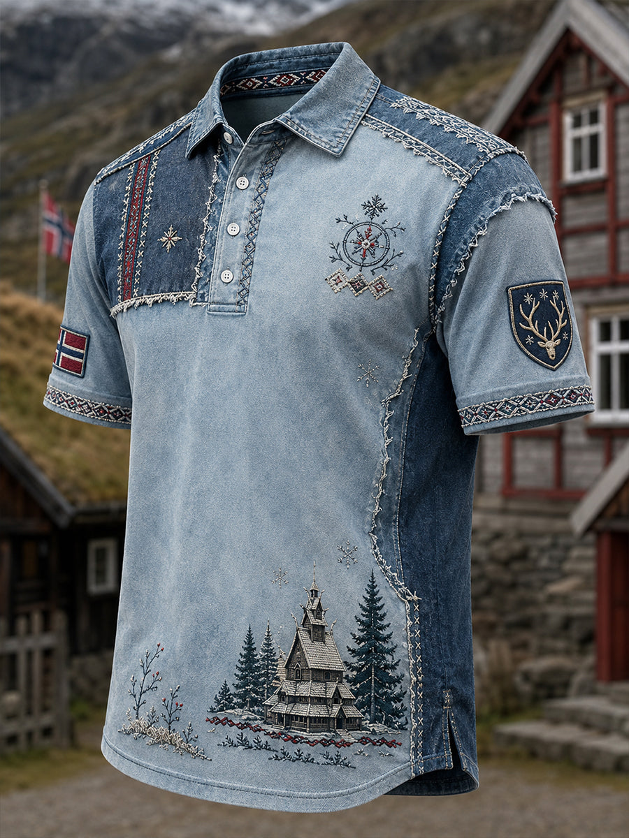 Polo-skjorte med kunsttrykk av mannlige norske samiske kulturelementer