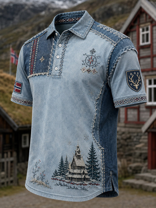 Polo-skjorte med kunsttrykk av mannlige norske samiske kulturelementer