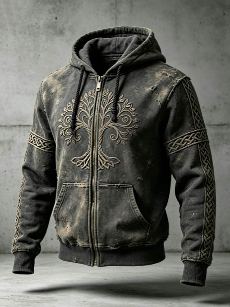 Herrligan retro vikingavalknut livets träd färgblockdesign konst dragkedja-huudie