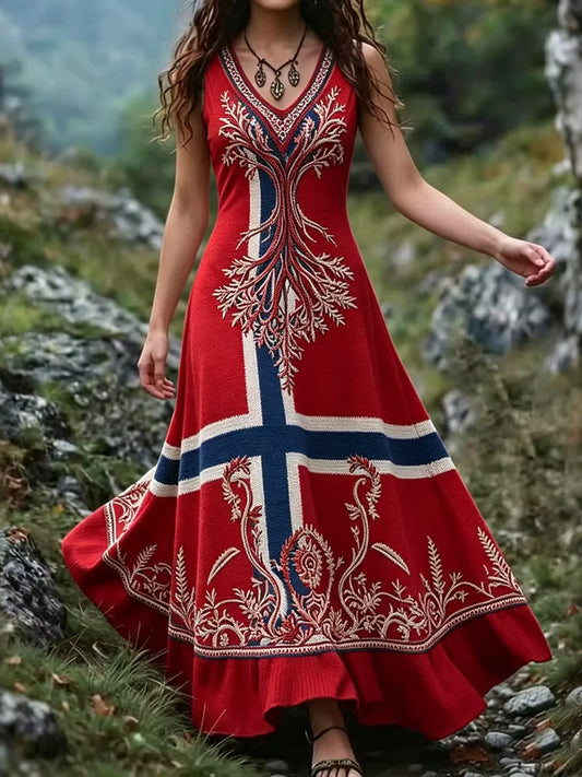 Vintage norska Viking Skandinavisk konst Print Casual Klänning