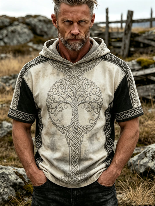 Herrtröja med kort ärm och kapuschong, med vikingatema, livets träd och keltiskt knutmönster