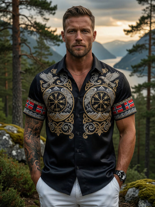 Herrens Retro Norska Viking Skandinavisk konst Print Casual skjorta