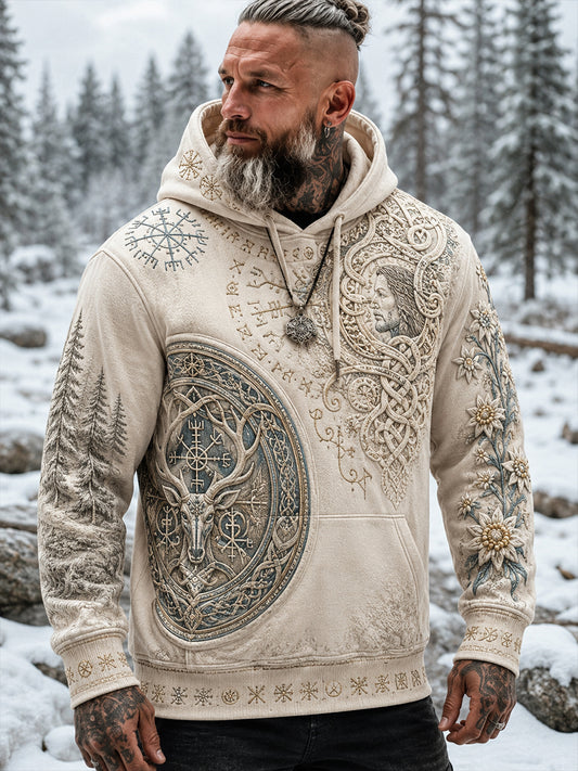 Herrtröja med lång ärm och huva, finsk vikingatema och patriotisk konsttryck