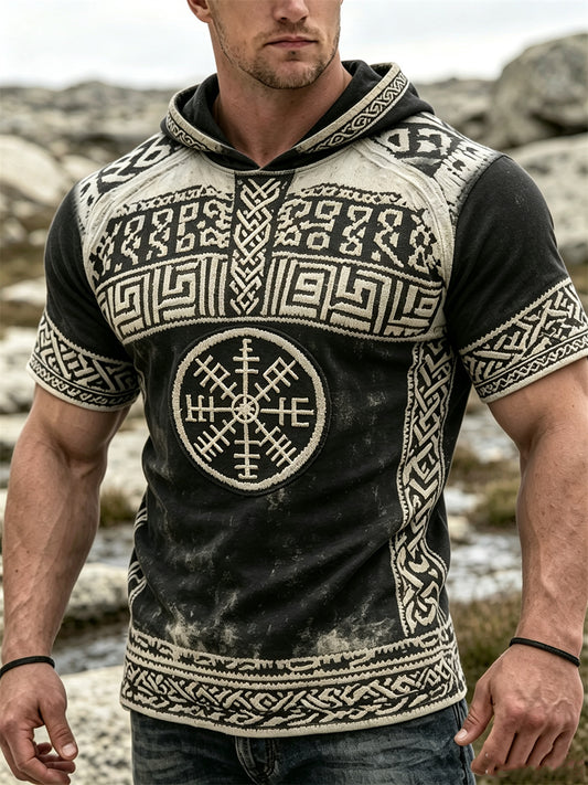 Herrligan med vikingamotiv, vegvisir och keltiskt knutmönster – färgblockad tryckt långärmad hoodie