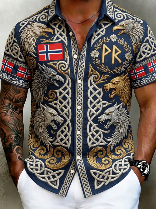 Herrskjorta i retrostil med norsk viking- och skandinavisk konsttillverkning, avslappnad stil