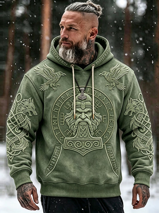 Manslig vintagevikinginspirerad konsttryck bekväm hoodie med fickor