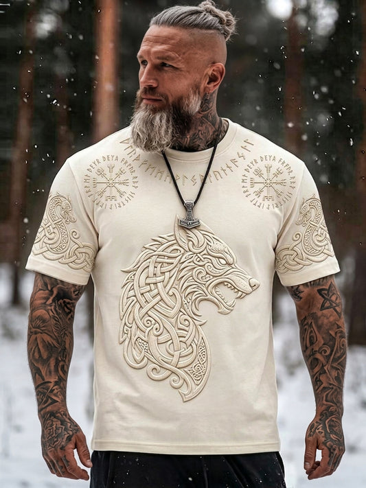 Mansvintage vikingkeltisk vargkonsttryck avslappnad kortärmad t-shirt