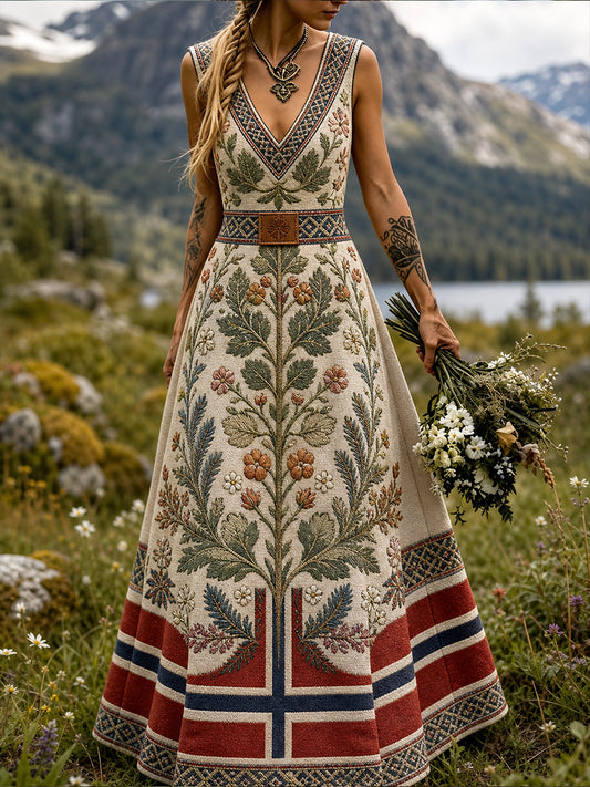 Vintage norsk viking- och skandinavisk konsttryck, ledig klänning