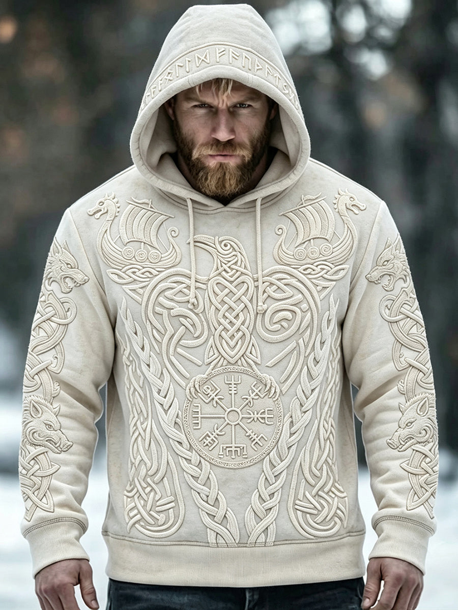 Manslig åldrad, vikingainspirerad konsttryckskomfort-hoodie