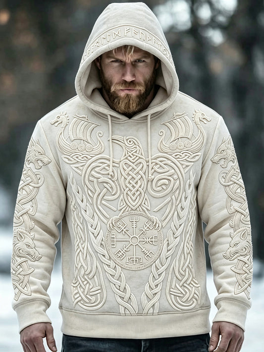 Manslig åldrad, vikingainspirerad konsttryckskomfort-hoodie