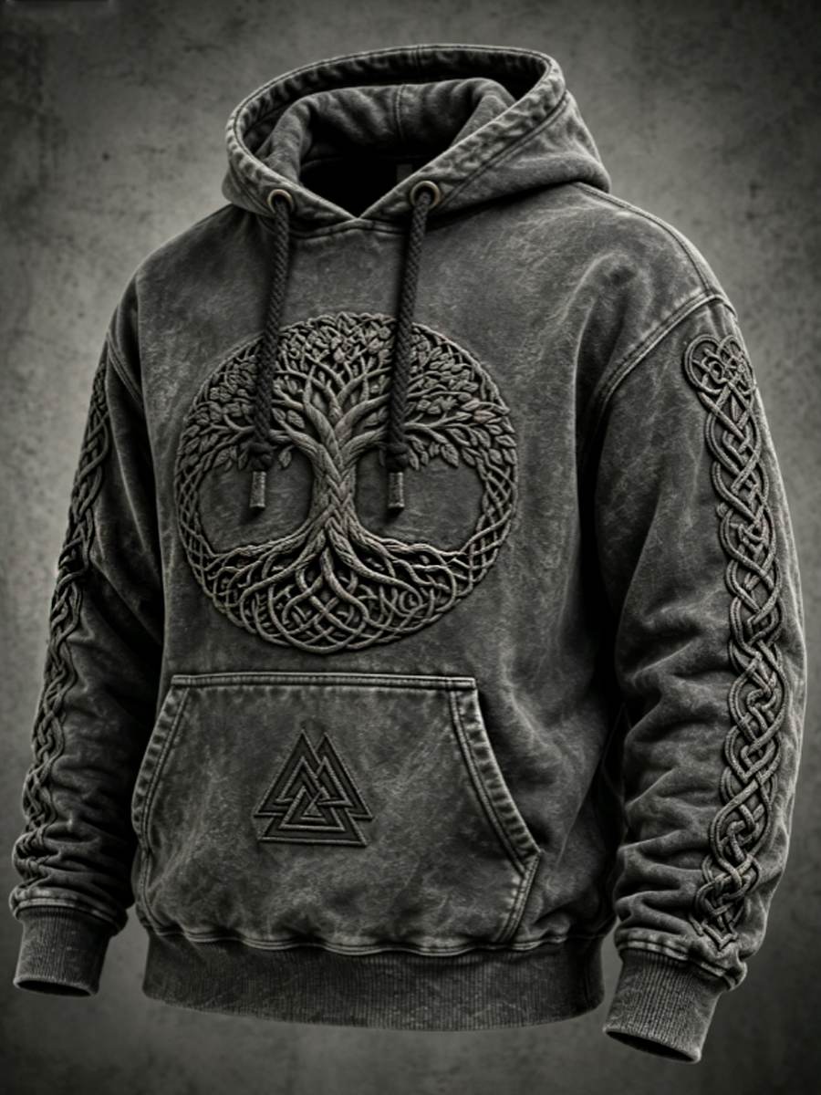 Herrtröja i retrovikingastil med valknutmotiv och livsträd, överdimensionerad huvtröja med fallande axlar