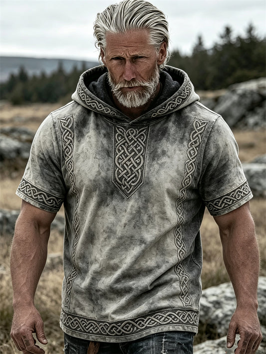 Mansvintage-vikingtröja med korta ärmarna och mönster av keltiskt knutmotiv