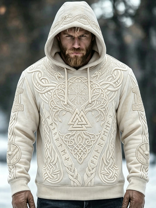 Manslig åldrad, vikingainspirerad konsttryckskomfort-hoodie