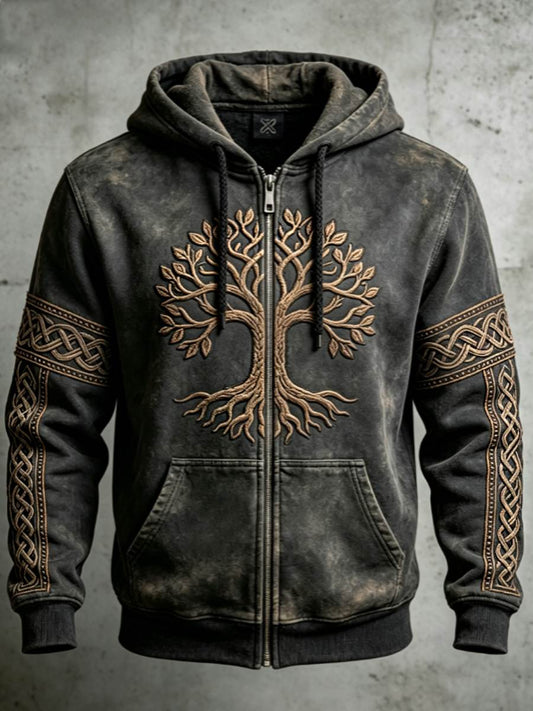 Herrligan retro vikingavalknut livets träd färgblockdesign konst dragkedja-huudie
