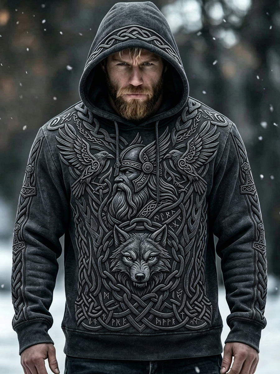 Manslig åldrad, vikingainspirerad konsttryckskomfort-hoodie