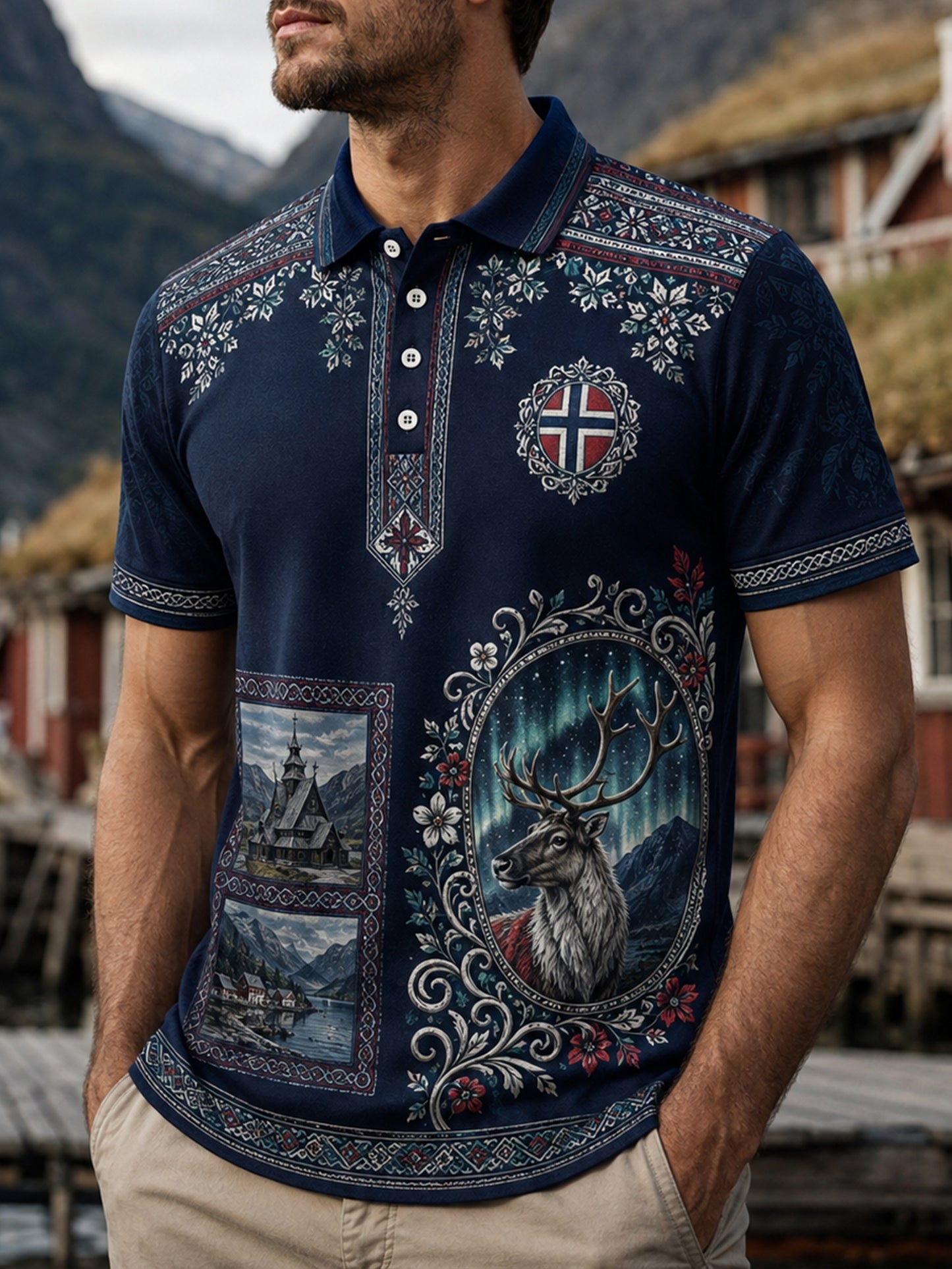 Menns norsk-samisk kulturelt motiv kunsttrykk avslappet polo