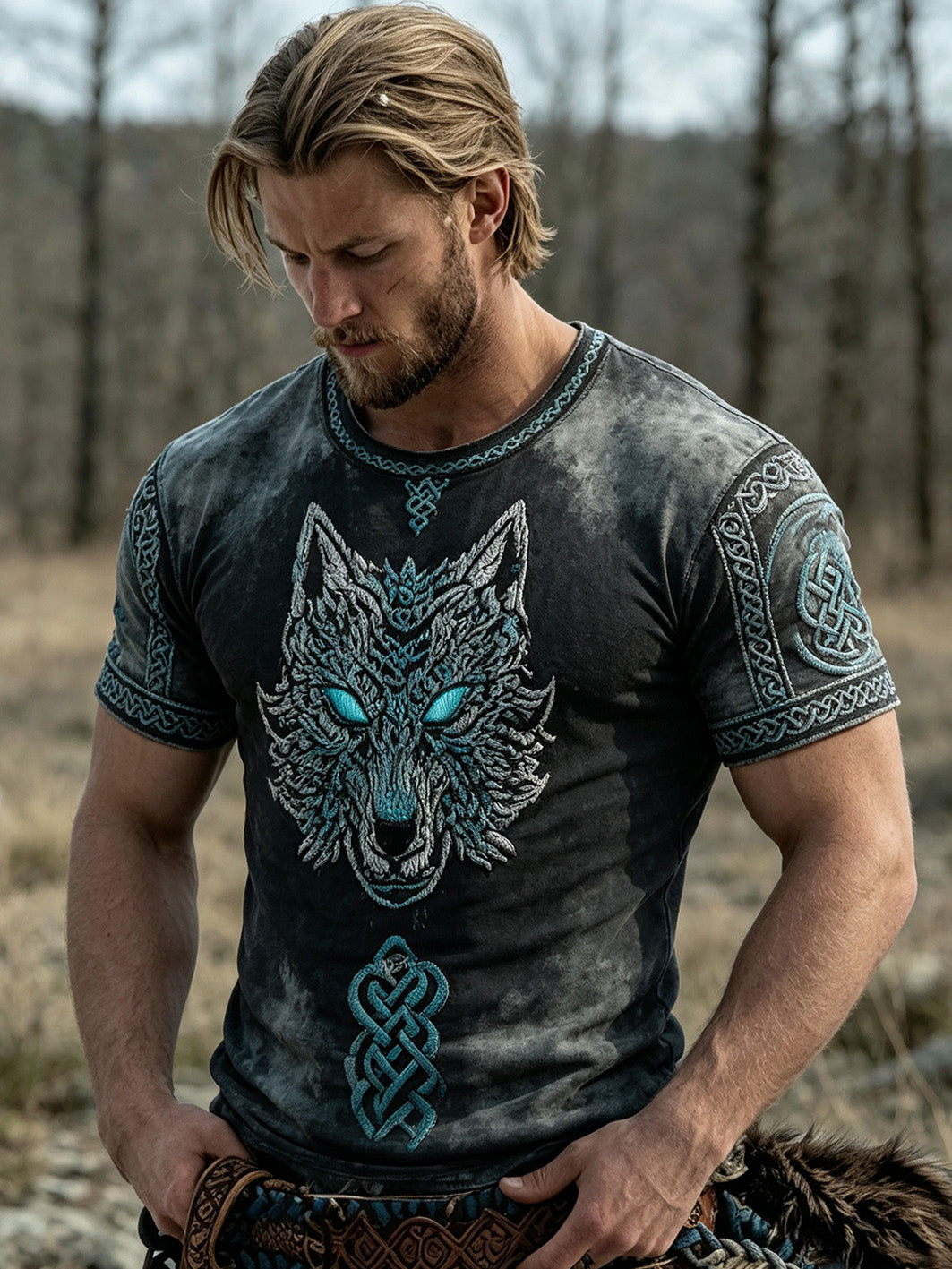 Herrlig retro-vikingatröja med vargansiktsmönster, tryckt på casual kortärmad t-shirt