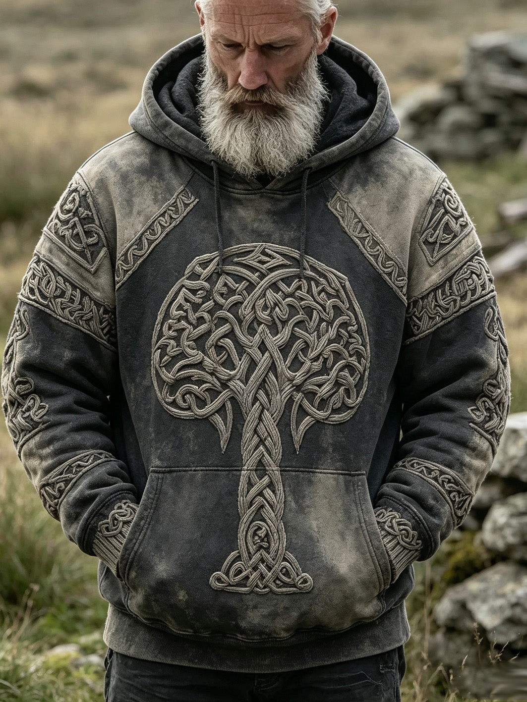 Kvartettens retro vikingaträdsmönster tryckt casual-huvtröja